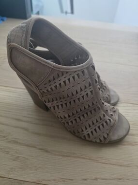 Indigo Taupe Laser-Cut Peep Toe Block Heels